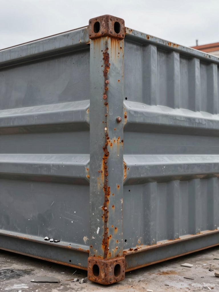 Ground-level close-up of a heavy steel roll-off container exterior on a Miami job site, overcast daylight, rusted bolt detail and reinforced corner posts visible, construction debris visible inside the container lip