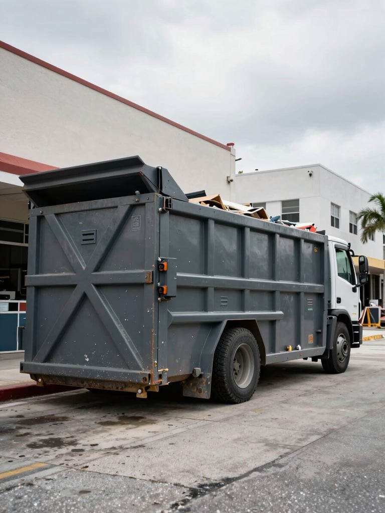 Wide ground-level shot of a heavy-duty steel roll-off dumpster parked along a Miami commercial street under flat overcast daylight, construction debris visible inside the container, urban building facades in the background, shot from a low angle to emphasize scale
