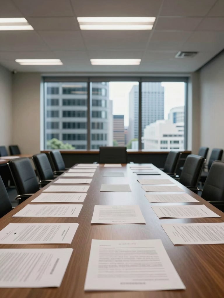 Wide environmental shot of a corporate litigation meeting room, Sydney CBD building, long table with annotated contract documents spread across it, overhead fluorescent and north-facing window light, no people visible, editorial documentary framing