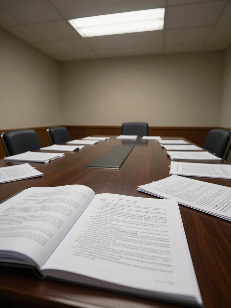 Wide-angle view of a litigation room, overhead fluorescent light, annotated case files spread across a dark conference table, a legal brief open with handwritten margin notes, no people visible