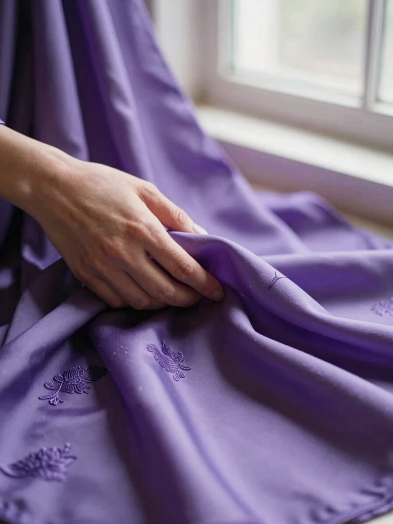 Close-up of hands gently draping a premium silk fabric with subtle embroidery, soft natural window light, rich purple and lavender undertones, shallow depth of field, 35mm film.
