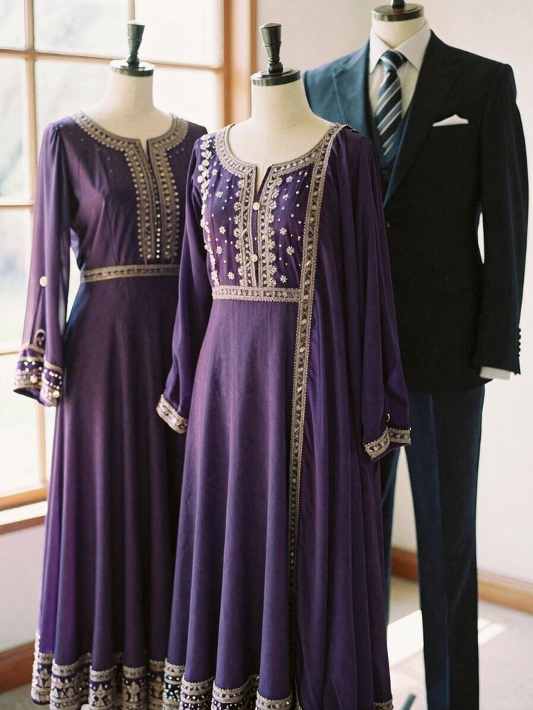 Portrait shot of a beautifully arranged coordinated set of ethnic wear and western tailoring on a mannequin, showcasing rich fabric texture and graceful drape, bathed in soft natural window light with lavender accents in the background.