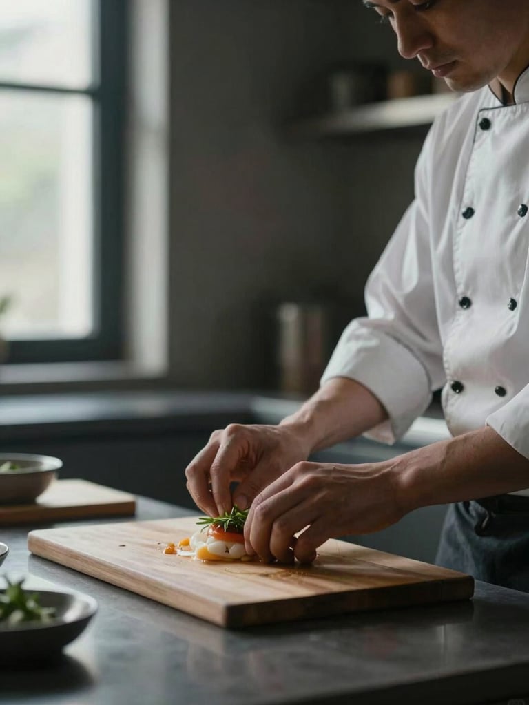 A quiet kitchen scene, chef's hands preparing a dish with absolute focus, soft diffused window lighting, dark moody background