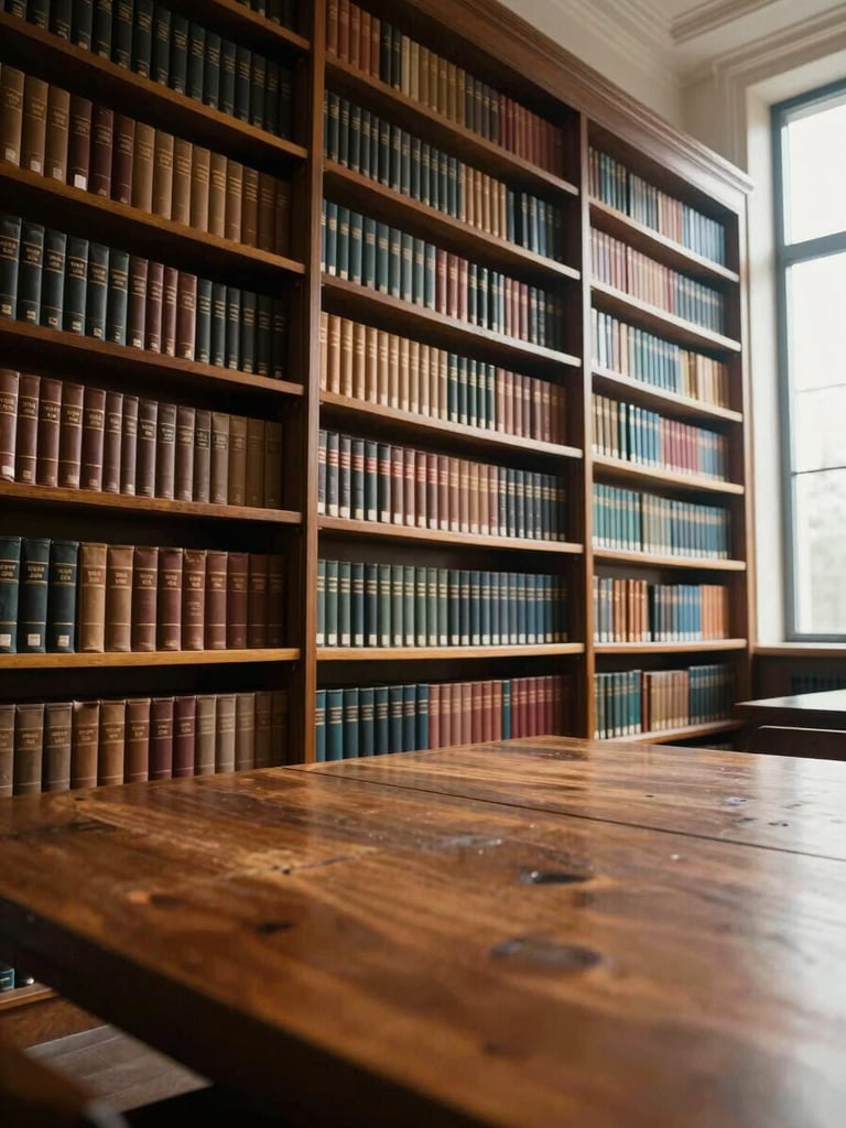 Wide environmental view of a law library interior, floor-to-ceiling shelves of leather-bound volumes backlit by soft north-facing window light, spines catching warm diffuse glow, no figures present, generous empty foreground of worn wooden table