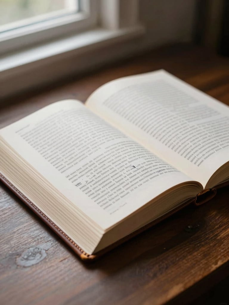 Close-up of a thick leather-bound case volume lying open on a dark wooden desk, pages dense with printed text and handwritten margin notes, soft north-facing window light falling across the spine, no people visible