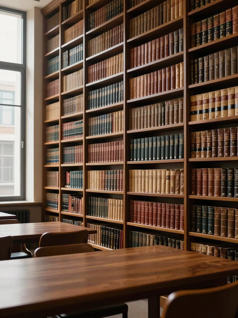 Wide environmental shot of a law library interior — floor-to-ceiling shelves of leather-bound case volumes, soft north-facing window light entering from the left, empty reading tables in the foreground, warm aged paper tones, no people