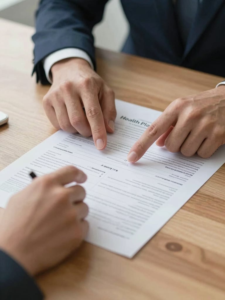 Close-up of two hands — one advisor and one client — pointing at a health plan comparison sheet on a wooden desk, soft daylight from the left, clean and transparent mood