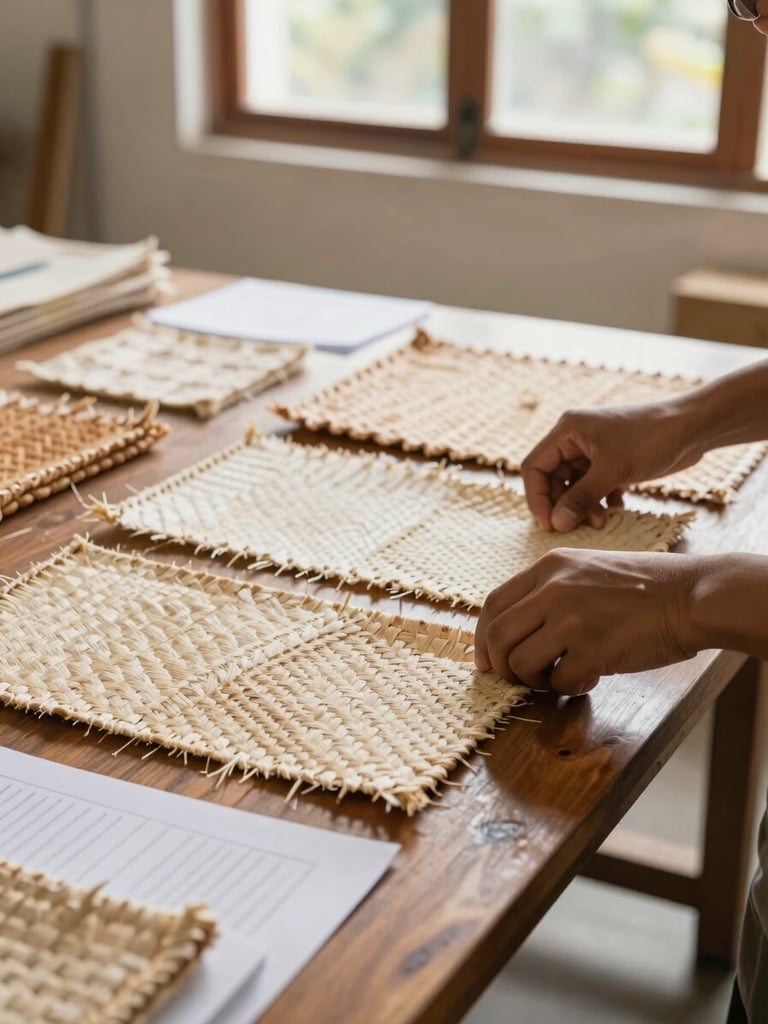 Close-up environmental shot inside a Bengkulu community arts studio, hands arranging woven textile samples on a low wooden table, natural north light from a high window, printed research notes visible at the table edge, warm cream and ochre tones