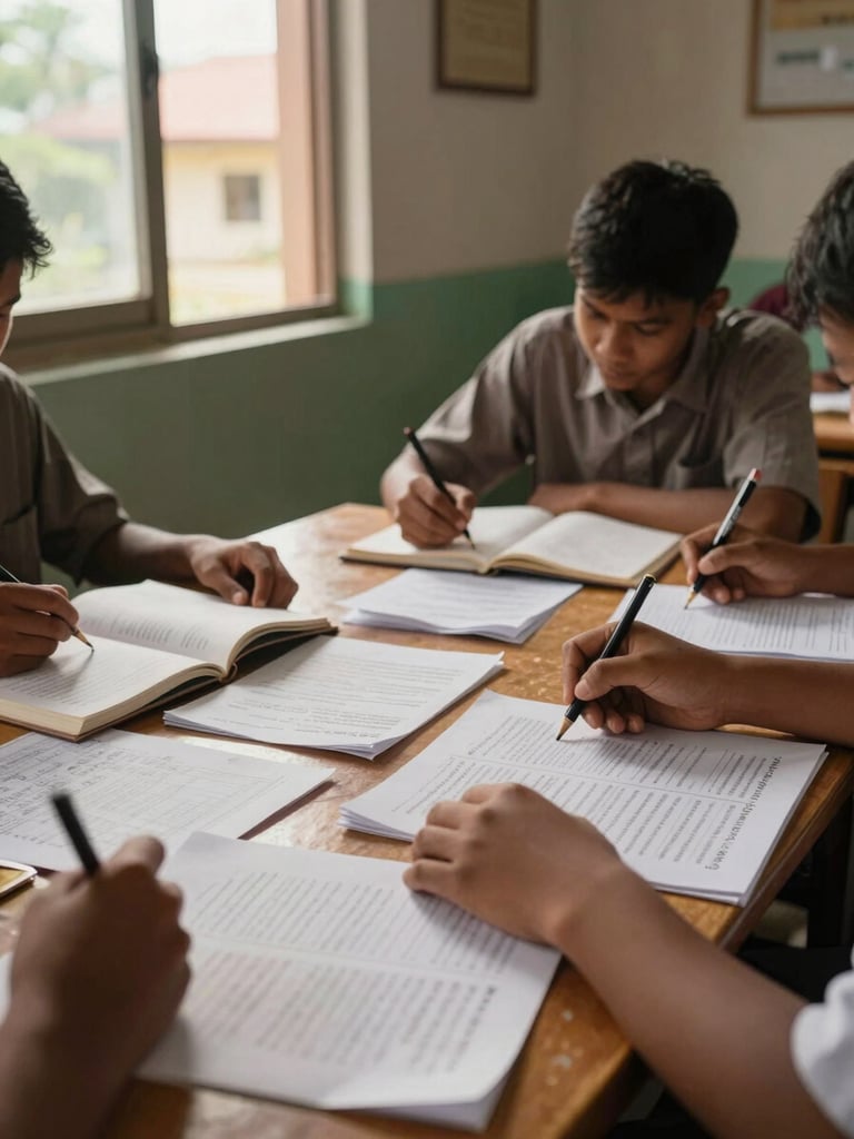 Close environmental shot of a classroom worktable in Bengkulu, students' hands spread across printed field-research notes and open notebooks, natural daylight entering from a tall window at left, warm golden tones on aged paper, medium-wide framing showing the full table surface in use