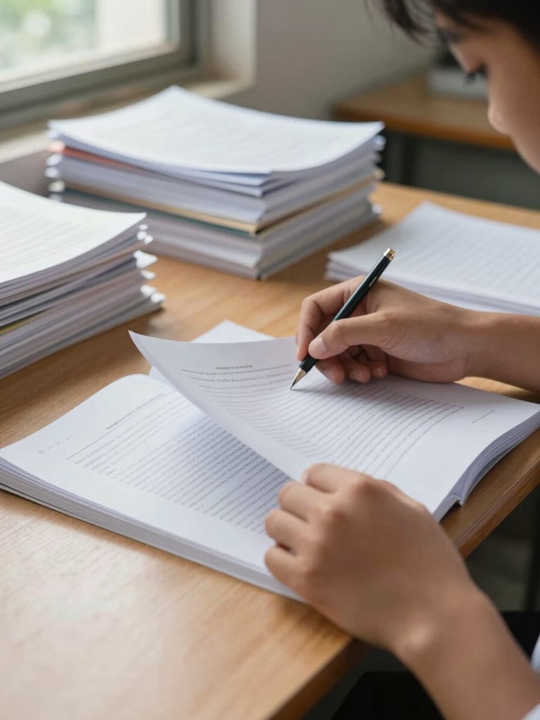 Close-up of a student's hands carefully turning pages of a bound research document on a wooden classroom table, natural daylight streaming from a window at left, stacks of publications visible in soft background focus, Bengkulu classroom setting