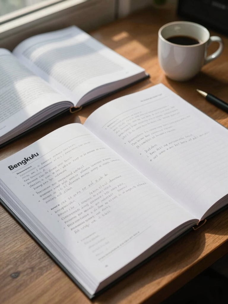 Close-up overhead flatlay on a wooden desk in a Bengkulu office: stacked research publications and handwritten field notes spread open, a ceramic cup to the upper right, warm natural daylight from a side window casting soft shadows across the pages