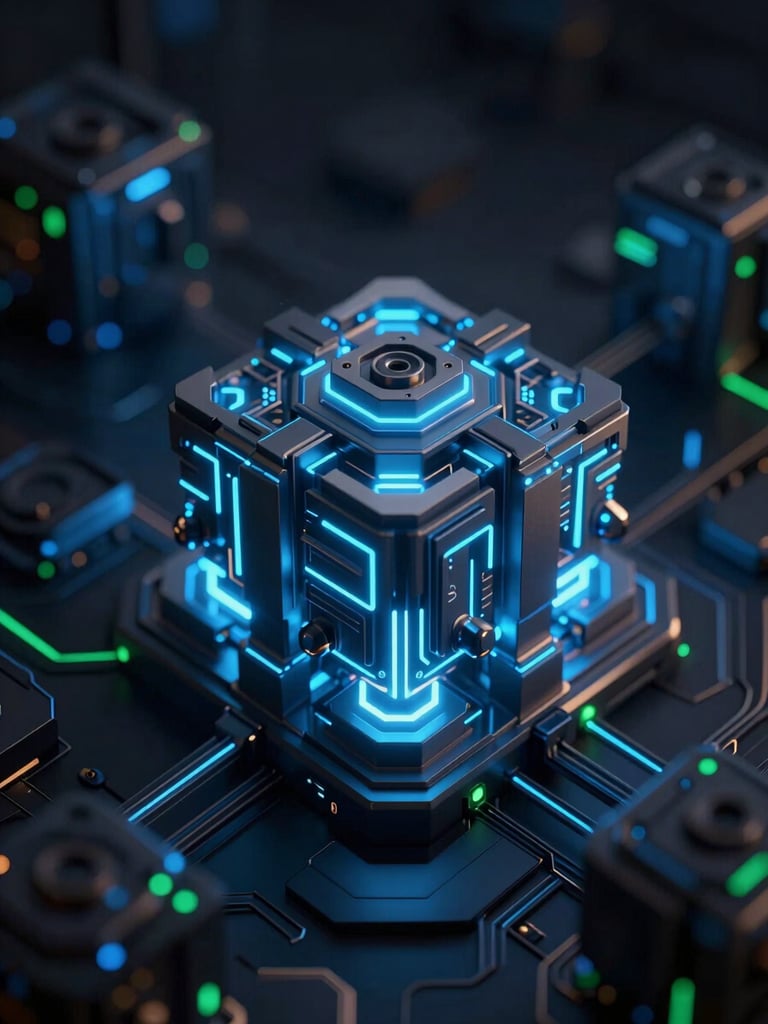 Abstract 3D render of a secure cryptographic node, glowing cool blue neon lines, dark geometric metallic structures, low-key architectural lighting