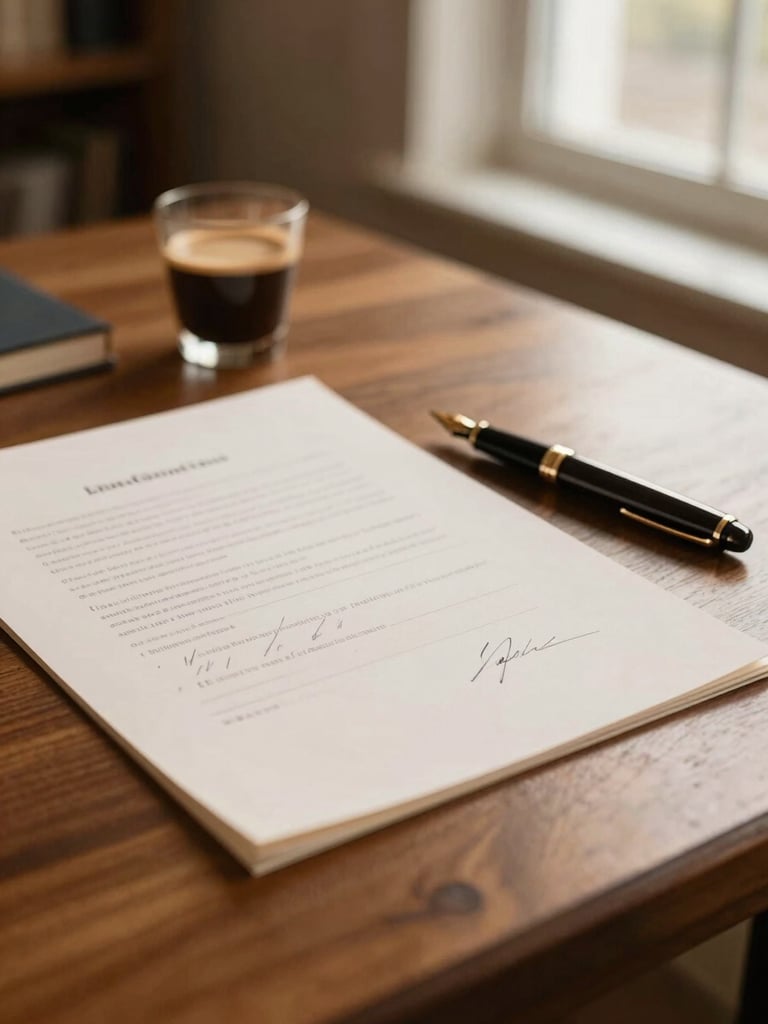 Warm editorial photography, soft natural window light, an elegant wooden desk with signed documents and a classic fountain pen, rich espresso tones, shallow depth of field