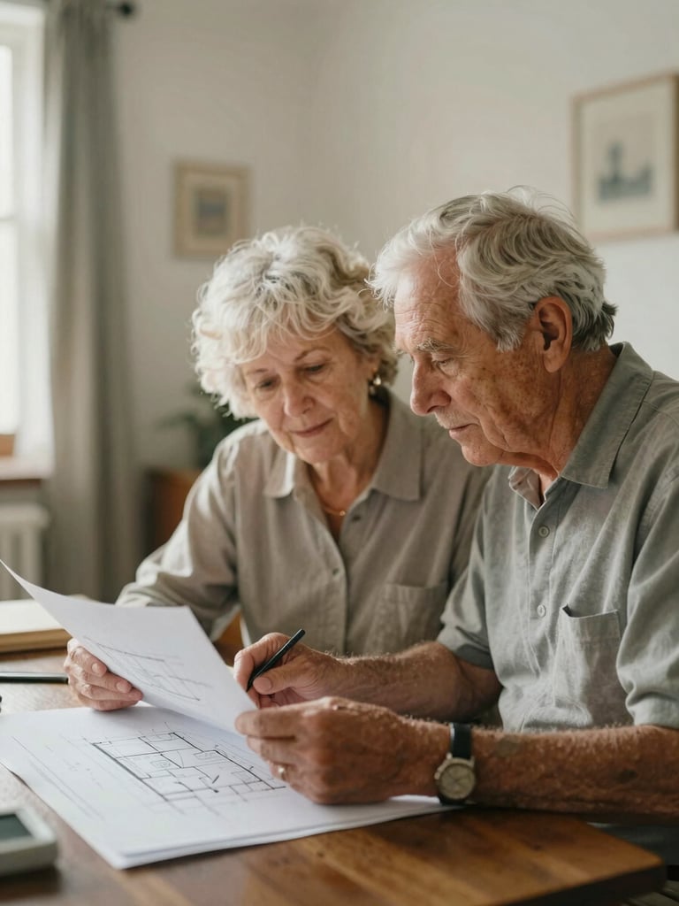 Warm documentary 35mm portrait of an elderly couple looking over architectural plans in a sunlit room, soft natural light, muted organic tones, shallow depth of field.