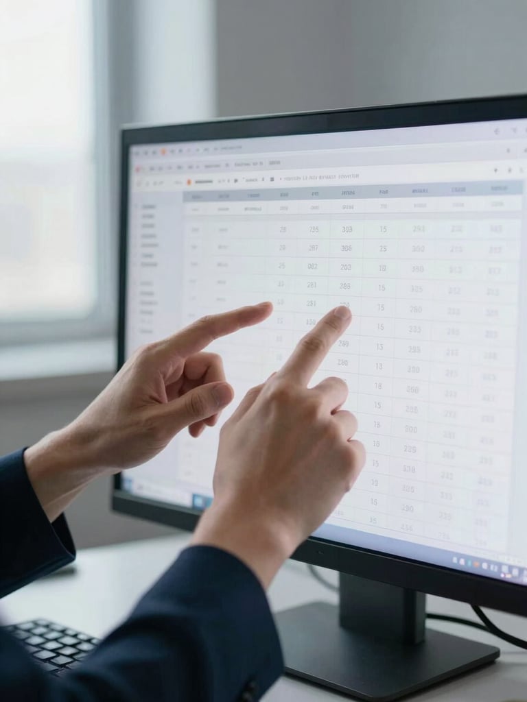 Close-up of professional hands analyzing structured financial data on a clean screen in a quiet office environment, cool natural light, 35mm