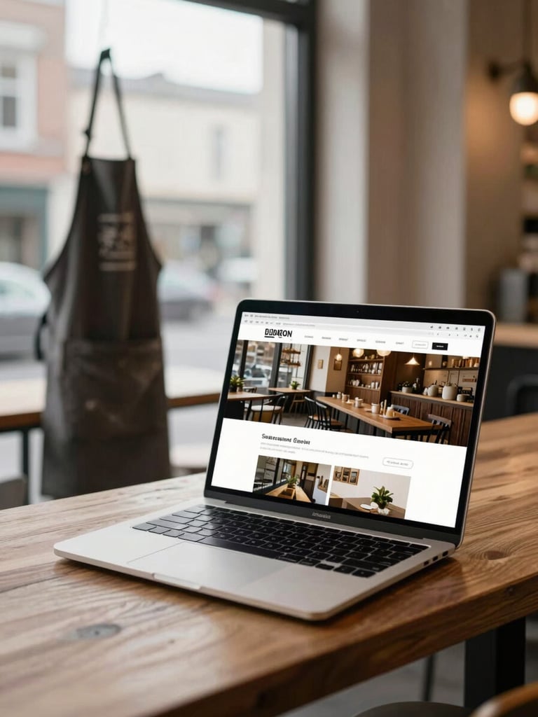 Wide environmental shot, a laptop open on a wooden café counter showing a clean restaurant website on screen, natural overcast daylight from a street-facing window, flour-dusted apron hanging on a hook in the soft background, no people in frame