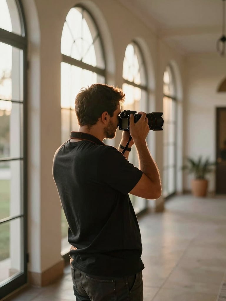 Half-frame left open: a wedding photographer standing at the edge of a sun-drenched outdoor venue corridor, back partially turned, camera raised toward diffused golden-hour light filtering through tall arched windows, warm amber rim light tracing his shoulder, the far wall out of focus — quiet, observational, unhurried