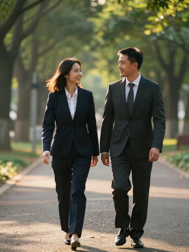 Close environmental medium-wide: couple walking slowly down a tree-lined path in warm late-afternoon backlight, both slightly out of formal pose — she glancing sideways at him mid-laugh, hands loosely intertwined, golden rim light outlining their silhouettes against a soft-focus green background, unhurried and unaware of the camera