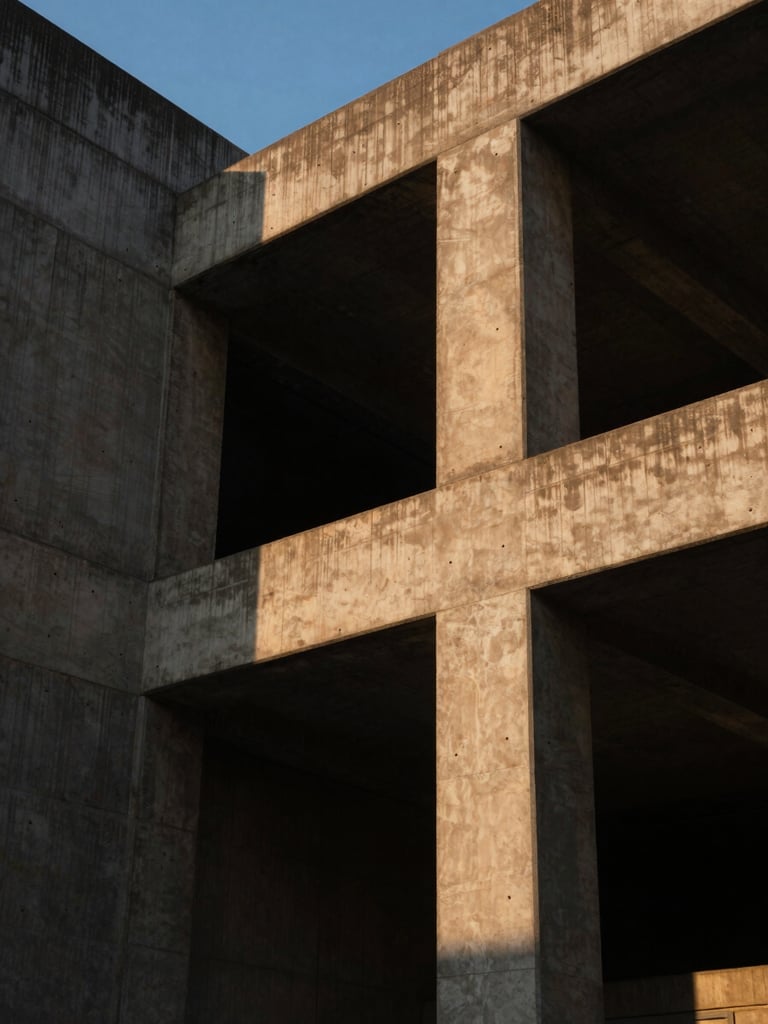 Low-angle dramatic architectural photograph of concrete and structural steel casting long shadows in golden hour sunlight, sharp focus, 35mm