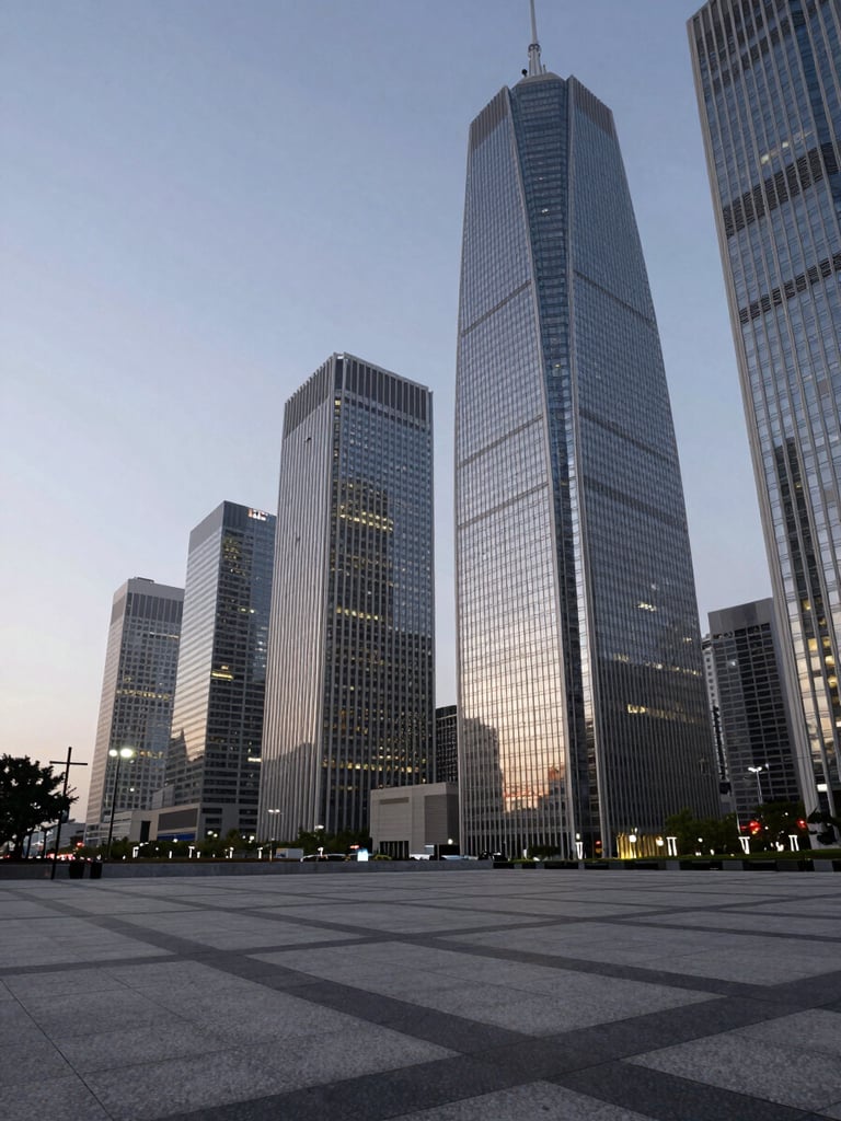 Wide panoramic view of a financial district at dusk, glass towers reflecting neutral city light to the right third of frame, empty foreground plaza with geometric shadow lines, cool overcast sky filling the left half
