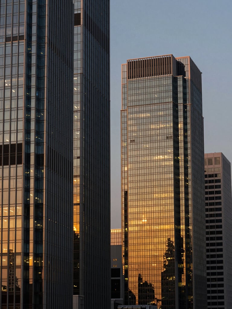 Twilight architectural view of a modern financial district skyline, sharp geometric lines of glass and steel reflecting deep navy and rich gold tones, 35mm corporate photography