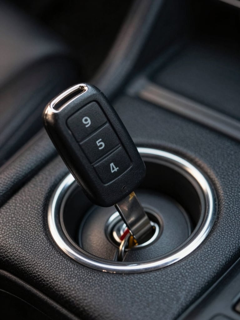 Extreme close-up of a car key inserted in ignition, clean black leather dashboard visible in background, sharp studio strobe lighting from upper left, minimal depth of field, vehicle interior in pristine condition