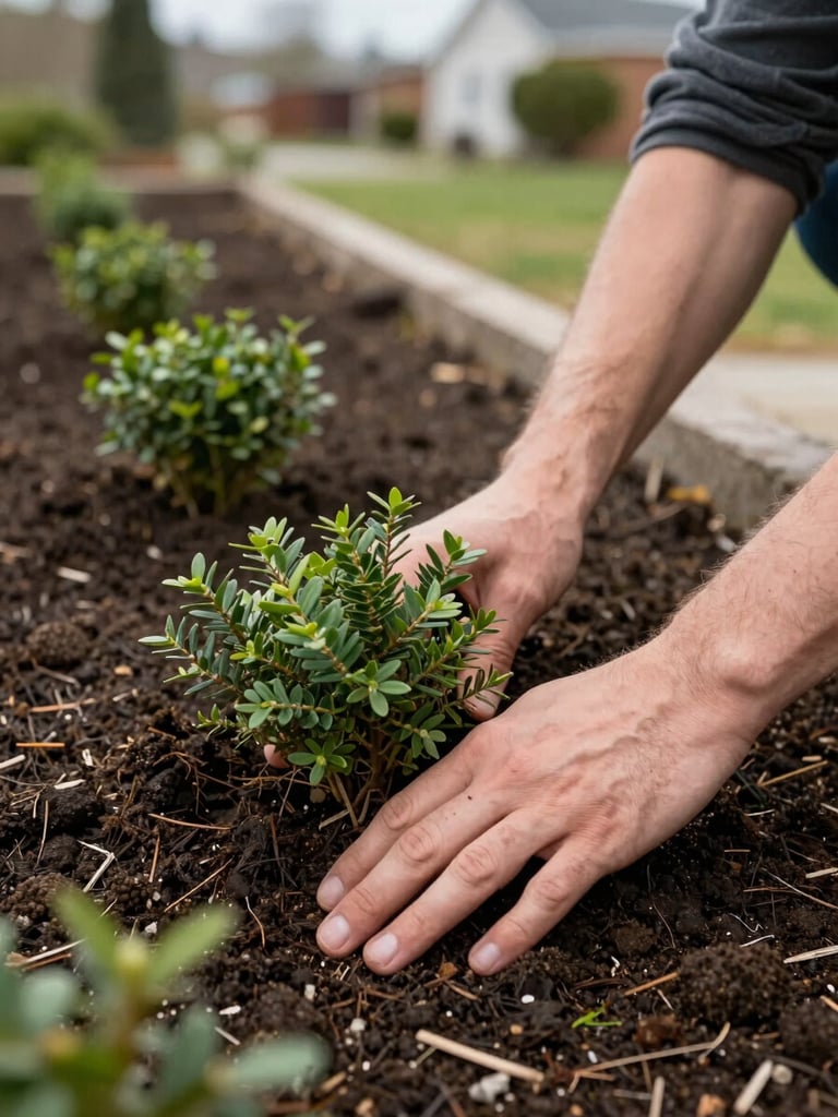 Hands pressing a native shrub into dark amended soil at a residential bed, overcast morning light, close detail of planting work, honest documentary framing