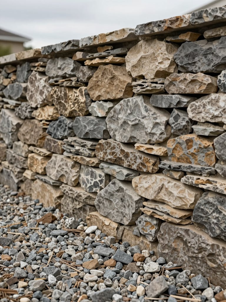 Close-up of dry-stacked stone wall joints and compacted gravel base at a residential hardscape site, overcast daylight, documentary framing, no people