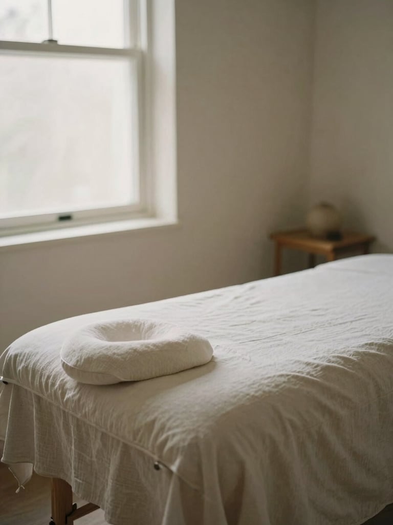 Serene empty treatment room with soft linen textures on a massage table, warm natural light filtering through a window, minimalist neutral decor.