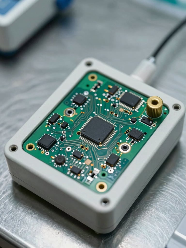 Close-up overhead documentation shot of a compact medical monitoring device prototype on a stainless steel surface, circuit board traces and sensor connectors visible, even cool laboratory lighting, shallow depth of field on the component array