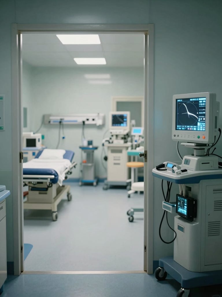 Wide clinical recovery suite shot from the doorway, monitoring station in the right third with cable connections and screen displays lit in cool blue-white light, sterile floor and empty beds receding into the background, documentary-style even lighting, no people