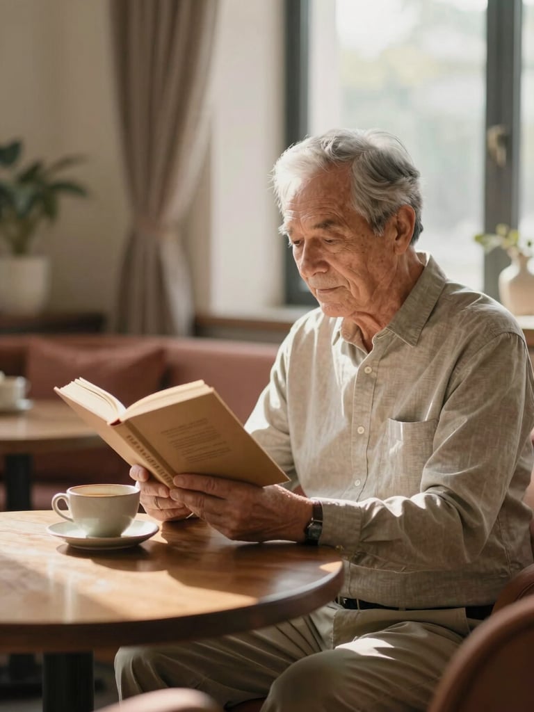 A senior man reading an elegant book in a sunlit private lounge, a warm ceramic teacup on the wooden table beside him, soft morning window light, peaceful atmosphere.