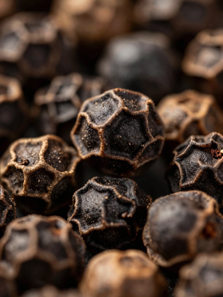 Extreme macro close-up of whole black peppercorns clustered together, warm golden studio light raking across their wrinkled surfaces to reveal texture and deep brown tone, shallow depth of field, dark background