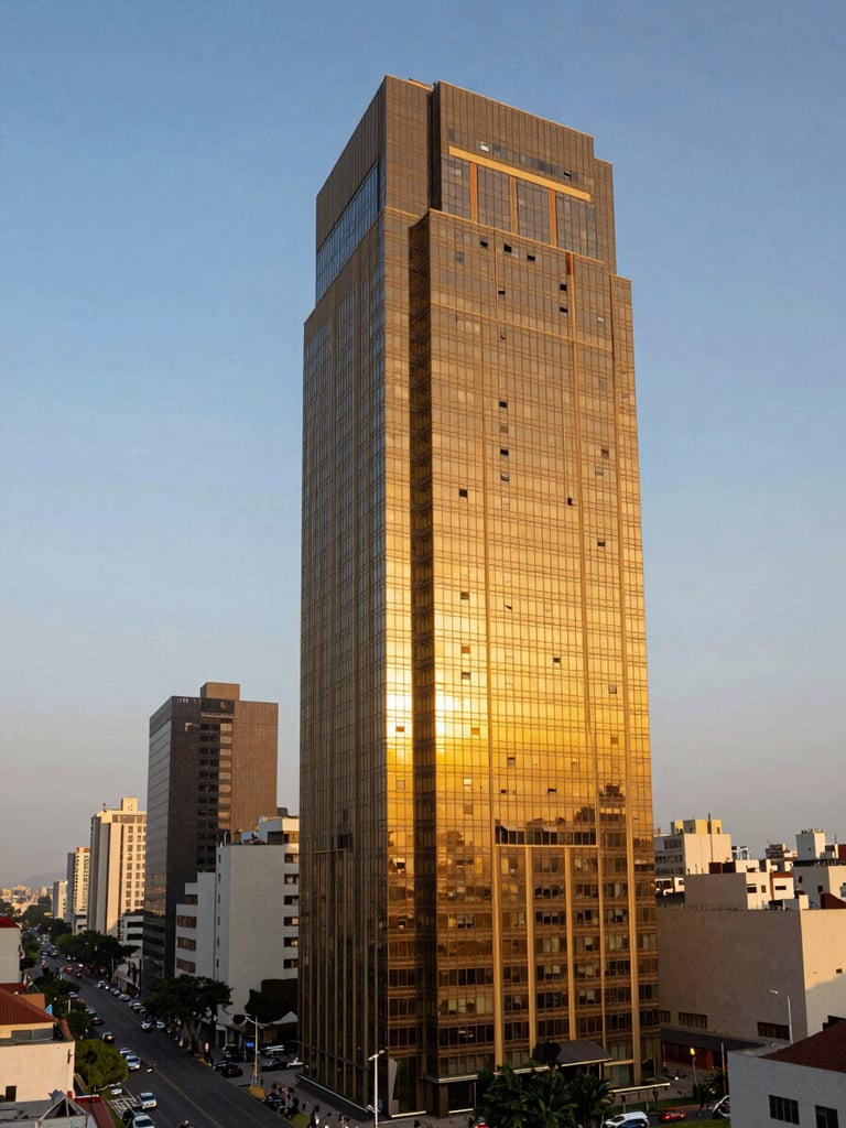 Wide panoramic shot of a modern high-rise tower exterior in Lima at golden hour, glass façade reflecting amber light, elevated perspective showing the building in its urban context, sky taking upper third, street level receding into distance at lower left