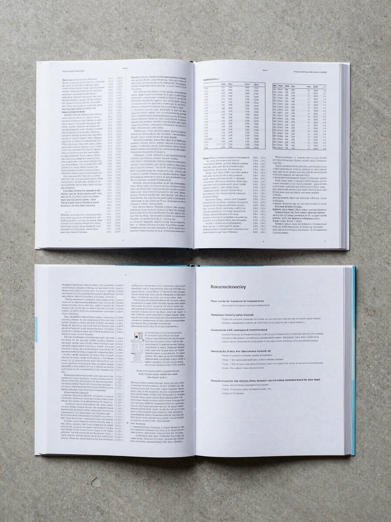 Flat lay overhead shot of an open academic journal spread on a clean concrete surface, dense typeset columns and data tables visible, a printed manuscript with reviewer annotations beside it, controlled north-facing daylight, minimal shadows, high contrast on text surfaces