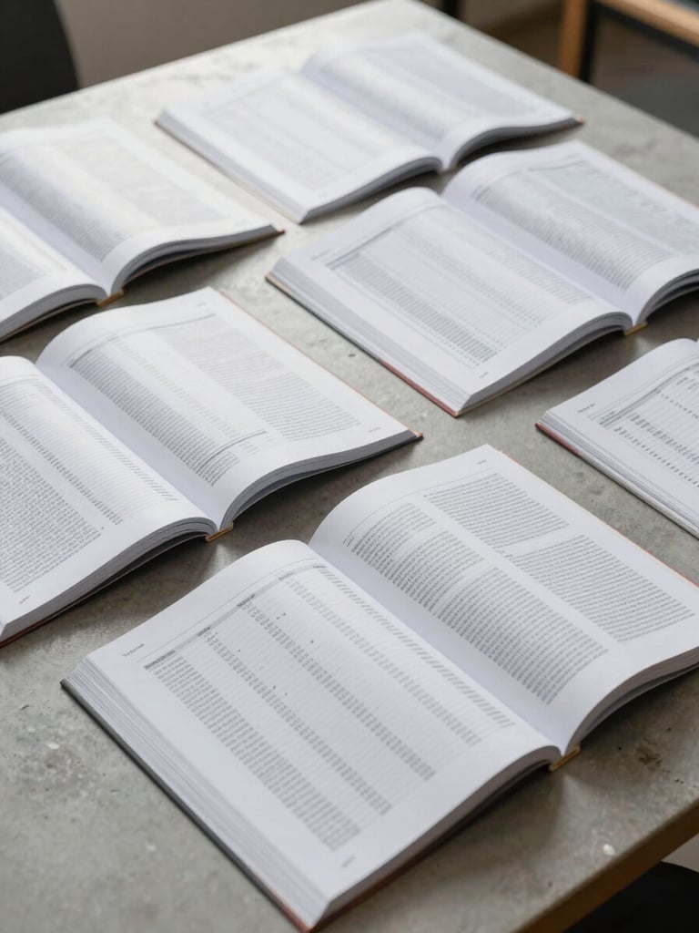 Wide flat-lay of open academic journal spreads on a clean concrete-gray desk surface, multiple pages showing data tables and dense typeset text under controlled overhead daylight, no people, editorial production context