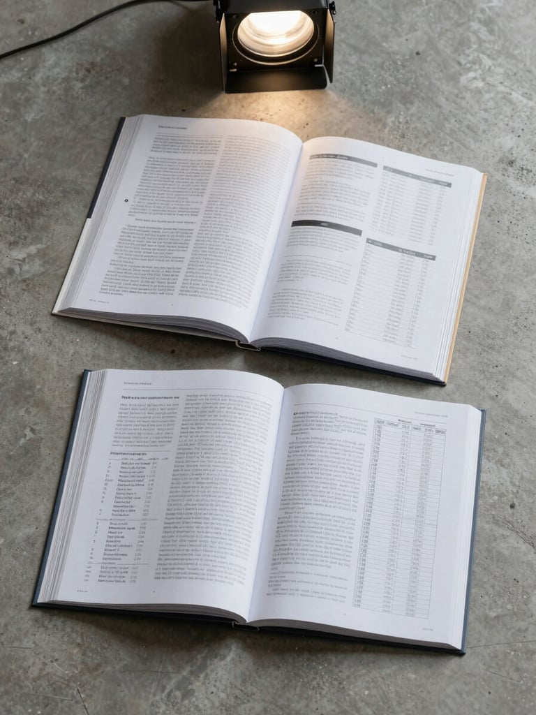 Flat lay of open academic journal spreads on a clean concrete-gray surface, overhead studio light, text columns and data tables visible, crisp shadows, minimal styling
