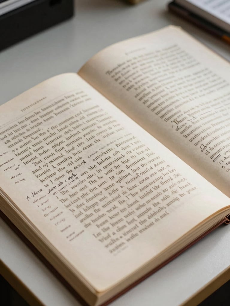 Close-up of manuscript pages under editorial review on a light desk, handwritten reviewer notes in margins, overhead north-facing daylight, high contrast on printed text, no people