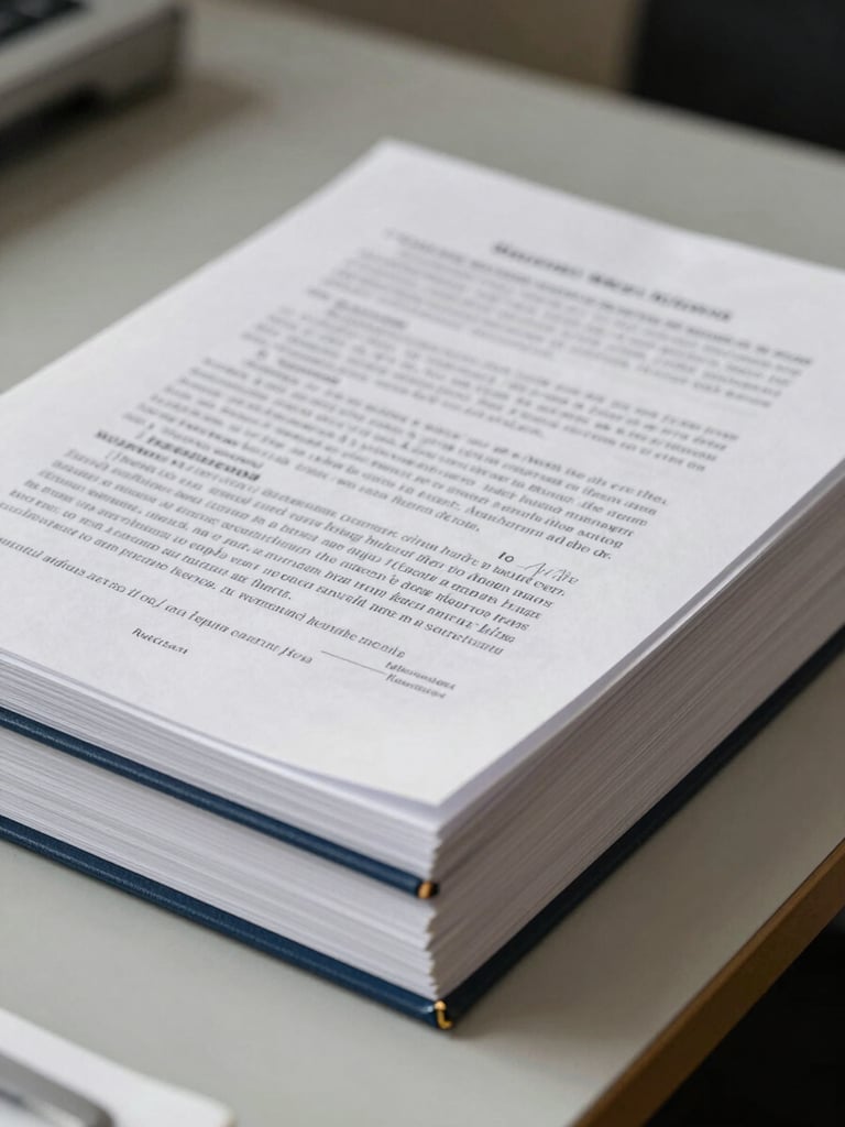 Close environmental shot of bound manuscript proofs stacked on an institutional desk, reviewer handwritten notes visible on top page, clean north-facing daylight, sharp detail on typography and binding edges