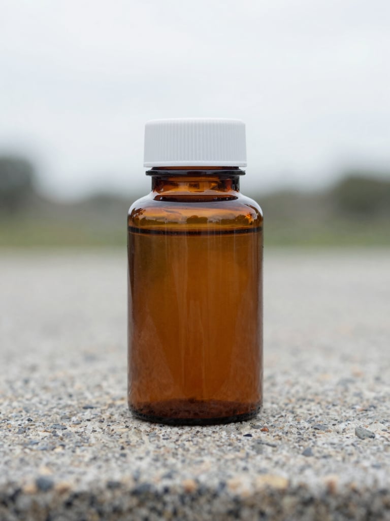 Close-up of a clean amber supplement bottle sitting on a textured stone surface under soft natural overcast daylight, clinical health journal style, 35mm