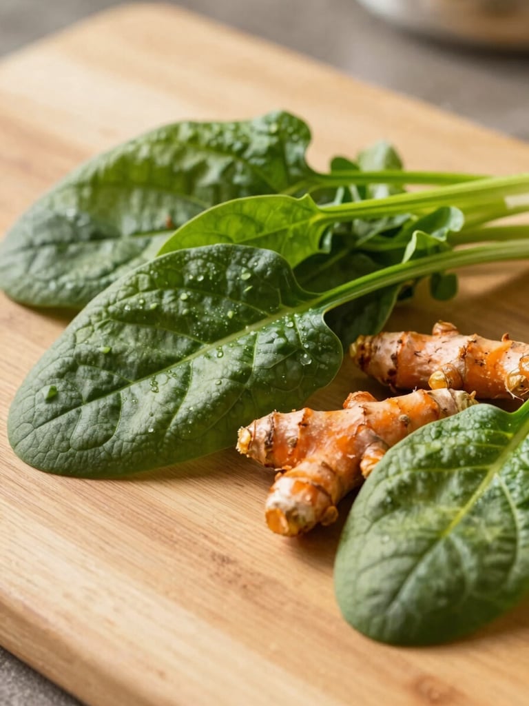 Close-up of fresh green spinach leaves and raw turmeric roots on a clean wooden kitchen table, warm Raipur morning light
