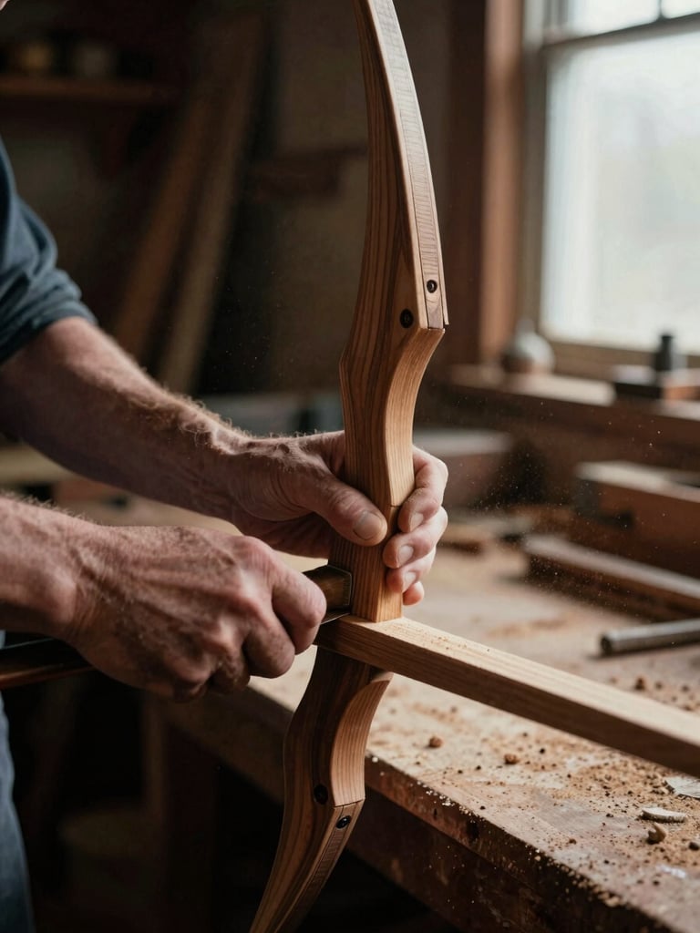 Close-up, dramatic side-lit shot of hands shaping a wooden bow limb in a Nampa workshop, sawdust in the air, rich wood textures.