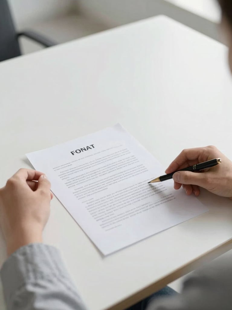 Overhead shot of a professional's hands carefully reviewing a contract on a clean, modern desk, soft daylight, high-quality document, subtle architectural background.
