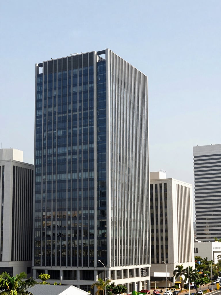 Architectural shot of the modern business district skyline of Abidjan, Côte d'Ivoire, reflecting bright daylight, clean lines, professional corporate atmosphere, 35mm lens
