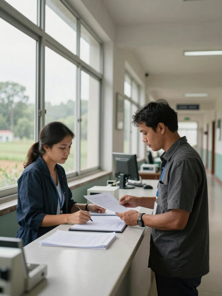 Wide environmental shot inside a rural clinic hallway, an interpreter standing at a reception window reviewing printed documents, natural overcast window light falling across the workspace, institutional walls and corridor visible in background