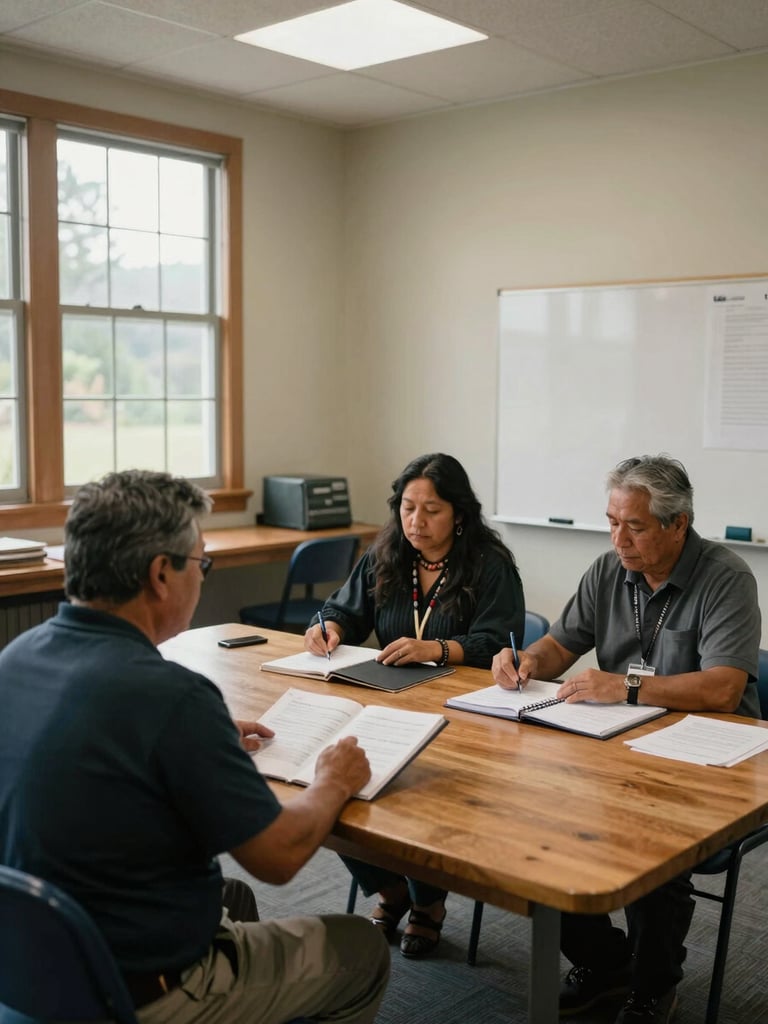Wide shot of a tribal community room in the Pacific Northwest, interpreter and two officials seated at a wooden table reviewing binders, natural light from high windows, spare institutional interior, documents and a whiteboard visible in background