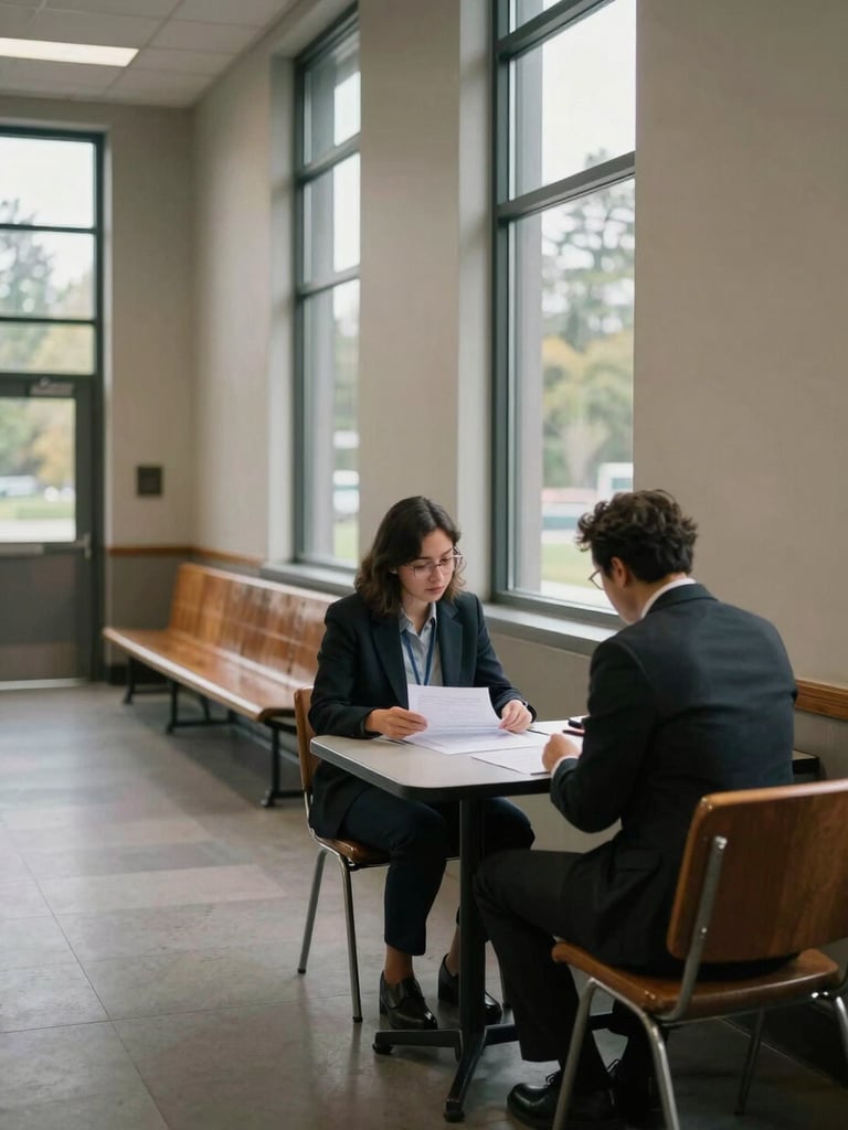 Wide environmental shot inside a Pacific Northwest courthouse hallway, an interpreter seated at a small table reviewing documents under diffused window light, worn wooden benches visible in the background, natural overcast daylight, no posed interaction