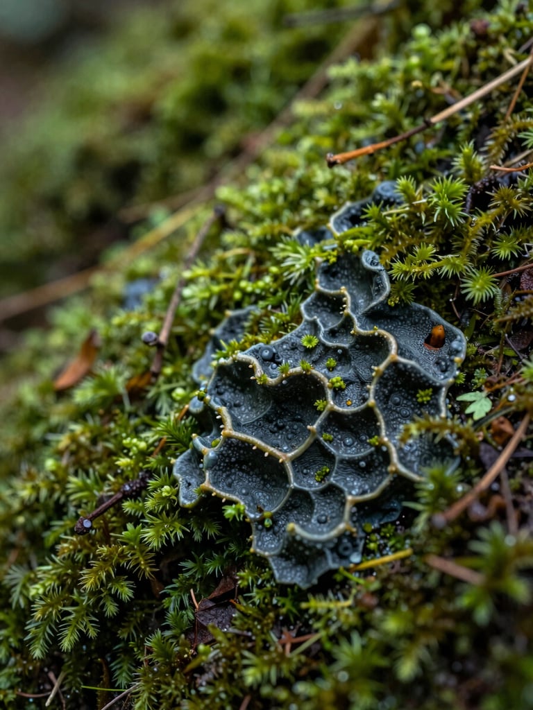 Crisp macro photograph of complex organic moss patterns under soft natural light, showcasing intricate ecosystem details in deep forest green and slate tones, editorial style.