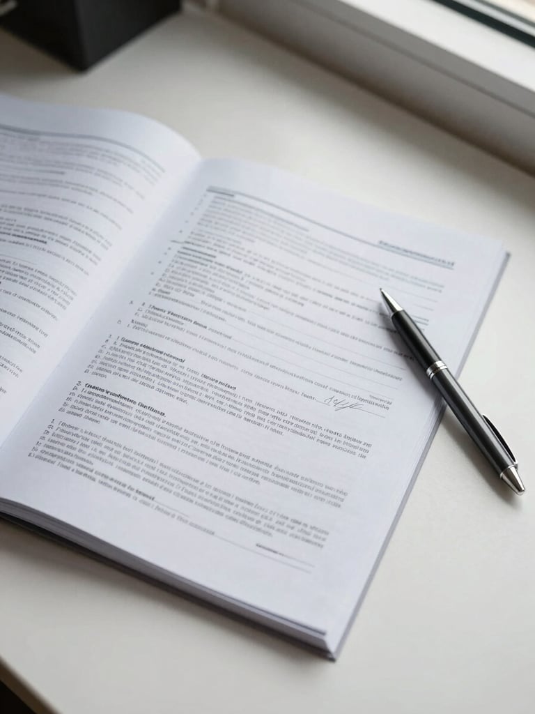Overhead view of an open financial report resting on a clean desk surface, a pen beside a signature line, natural office window light casting soft even illumination across the documents, no people visible, crisp documentary framing