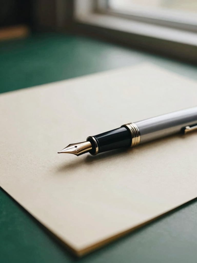 Close-up of a classic fountain pen resting on heavy cream paper, soft natural window light, deep forest green desk background, shallow depth of field